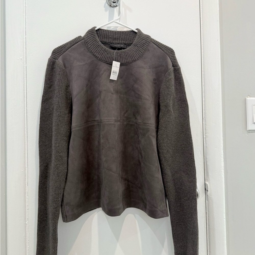 Ann Taylor NWT Gray Knit and Suede Sweater